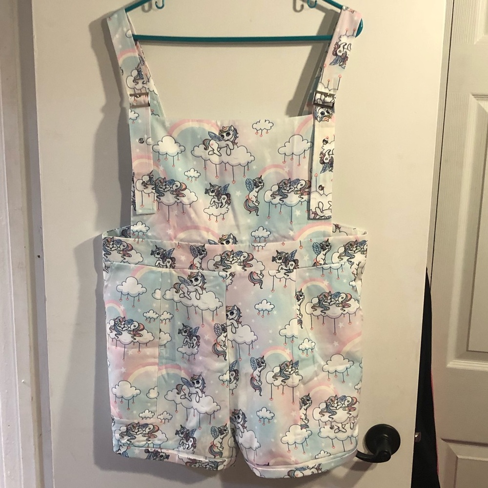 NWOT pastel unicorn and rainbow shortalls